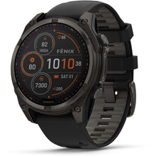 Load image into Gallery viewer, Garmin fenix 8 - 47mm Solar Sapphire Carbon gray DLC titanium with black/pebble gray silicone band