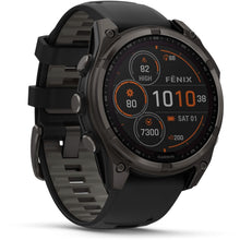 Load image into Gallery viewer, Garmin fenix 8 - 47mm Solar Sapphire Carbon gray DLC titanium with black/pebble gray silicone band