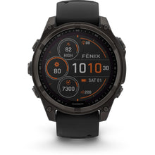 Load image into Gallery viewer, Garmin fenix 8 - 47mm Solar Sapphire Carbon gray DLC titanium with black/pebble gray silicone band