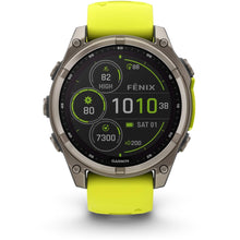 Load image into Gallery viewer, Garmin fenix 8 - 47mm Solar Sapphire Titanium with amp yellow/graphite silicone band