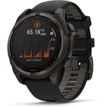 Load image into Gallery viewer, Garmin fenix 8 - 47mm Solar Sapphire Carbon gray DLC titanium with black/pebble gray silicone band
