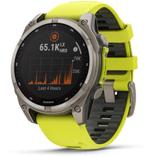 Load image into Gallery viewer, Garmin fenix 8 - 47mm Solar Sapphire Titanium with amp yellow/graphite silicone band